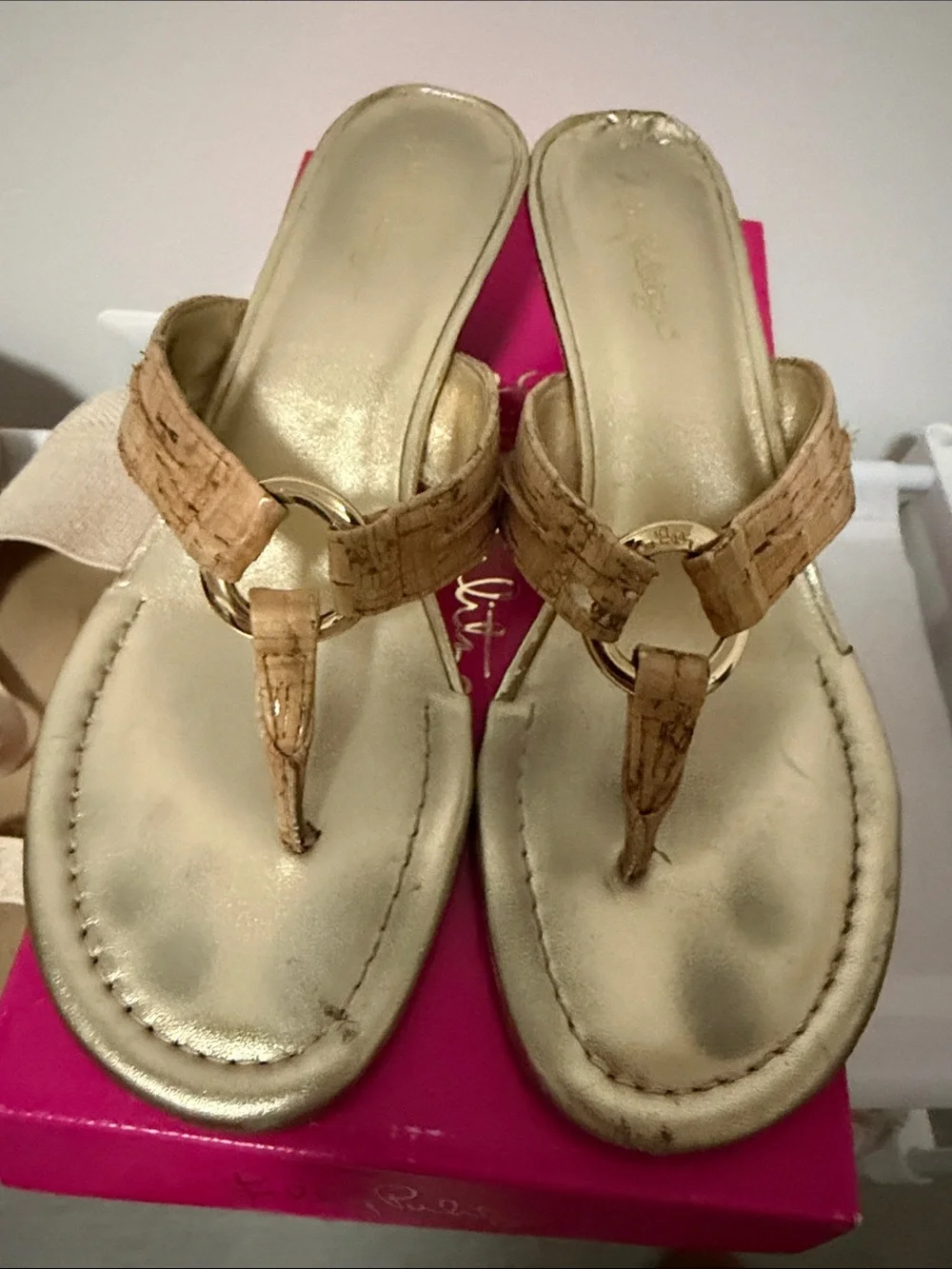 Tory Burch Gold Metallic Footbed Cork-Trim Thong Sandals